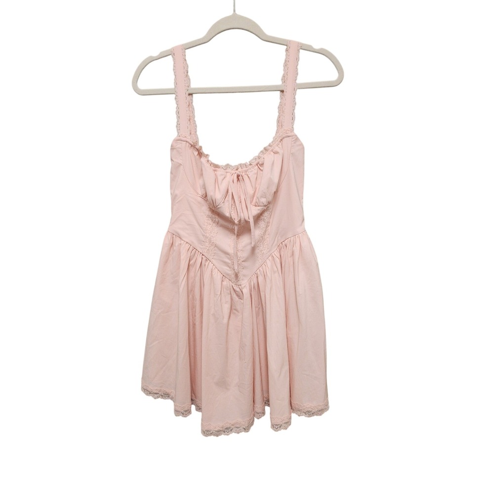 Pink Coquette Lace Trim Mini Dress Pastel Fit & Flare Sleeveless Size M